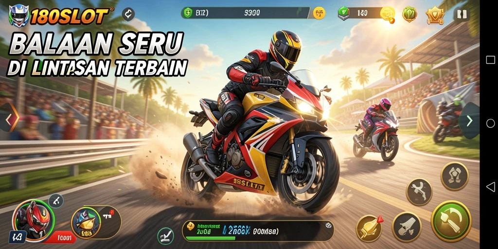 Screenshot utama 180SLOT menampilkan aksi balapan motor yang seru dan mendebarkan.
