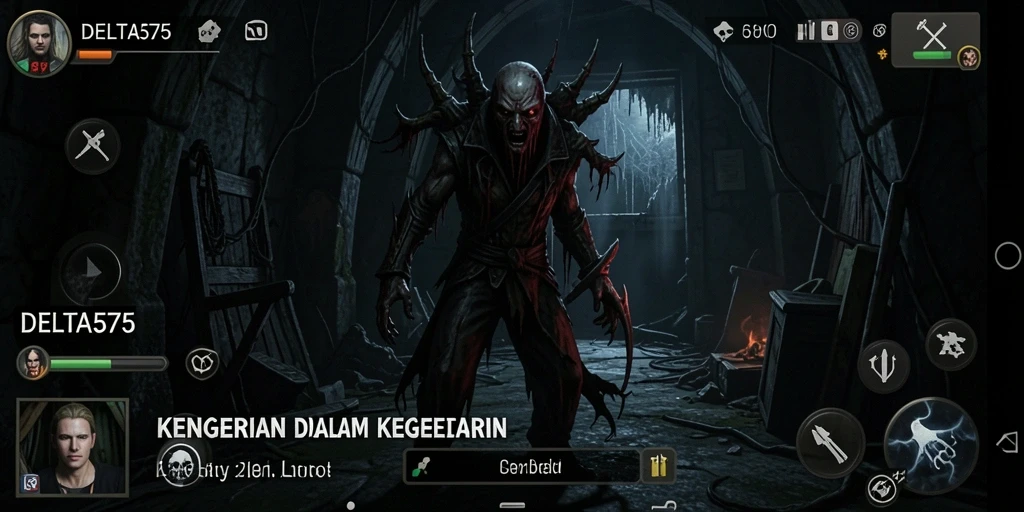 Screenshot gameplay DELTA575 yang menampilkan ketegangan dan kegelapan.