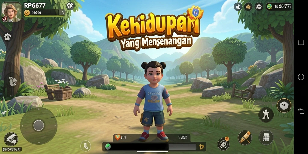 Tangkapan layar utama gameplay RP6677 yang menunjukkan simulasi kehidupan yang interaktif.
