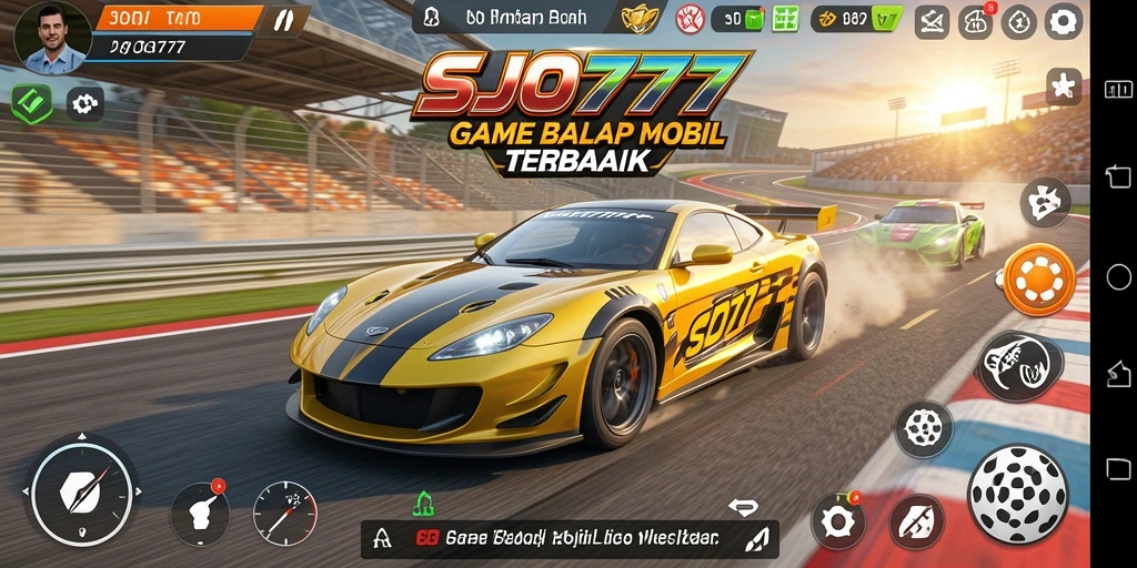 Tampilan gameplay seru SJO777 dengan mobil balap yang cepat.