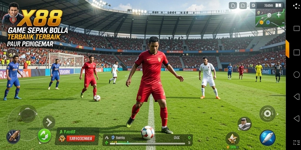 Tampilan gameplay X88 dengan aksi sepak bola yang mendebarkan.